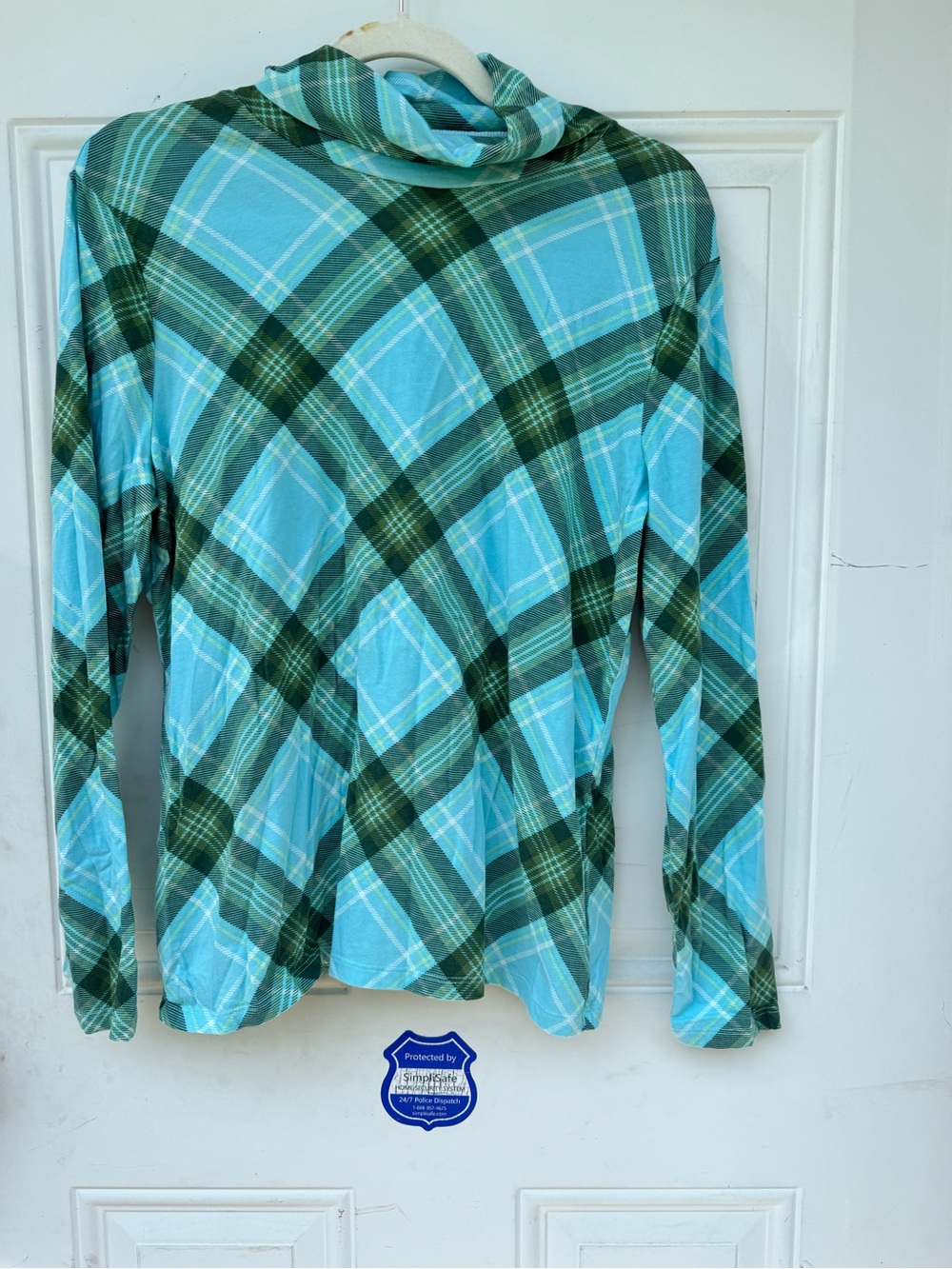 Talbots Aqua and Dark Green Plaid Long-Sleeve Turtle Neck Top